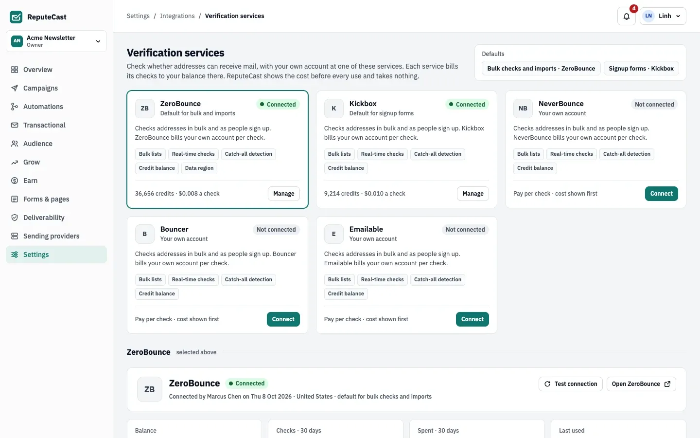 Verification services with ZeroBounce connected as the default for bulk checks and imports and Kickbox for signup forms; each card shows its credits and price per check.