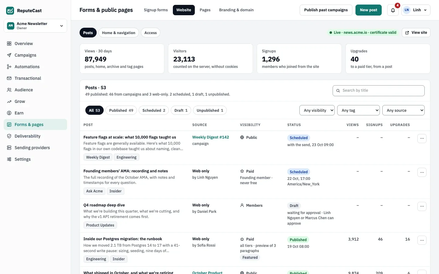 The website's Posts view: 30-day views, visitors, signups and upgrades, then the list of 53 posts with filters by status, visibility, tag and source.
