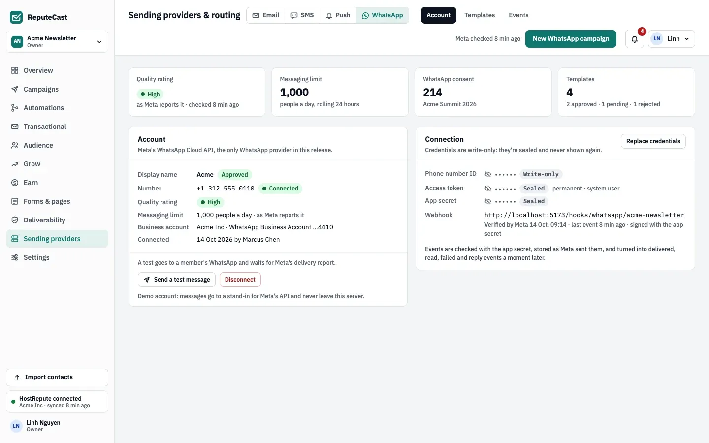 The WhatsApp Account tab: the connected business account and number, its quality rating and messaging limit from Meta, the number of contacts with WhatsApp consent, approved templates, and the webhook.