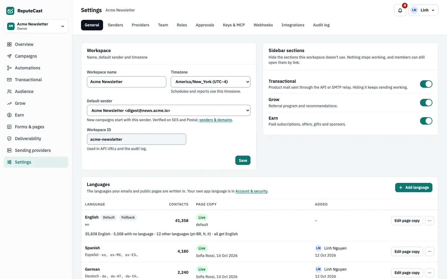 Settings › General for Acme Newsletter: the Workspace card with name, timezone, default sender and workspace ID, the Sidebar sections card with switches for Transactional, Grow and Earn, and the Languages card.